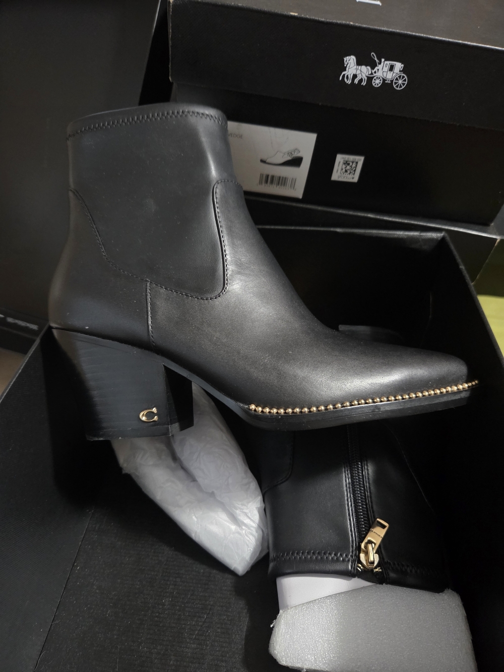 Coach Black Leather Ankle Boots with Gold Stud Detail
